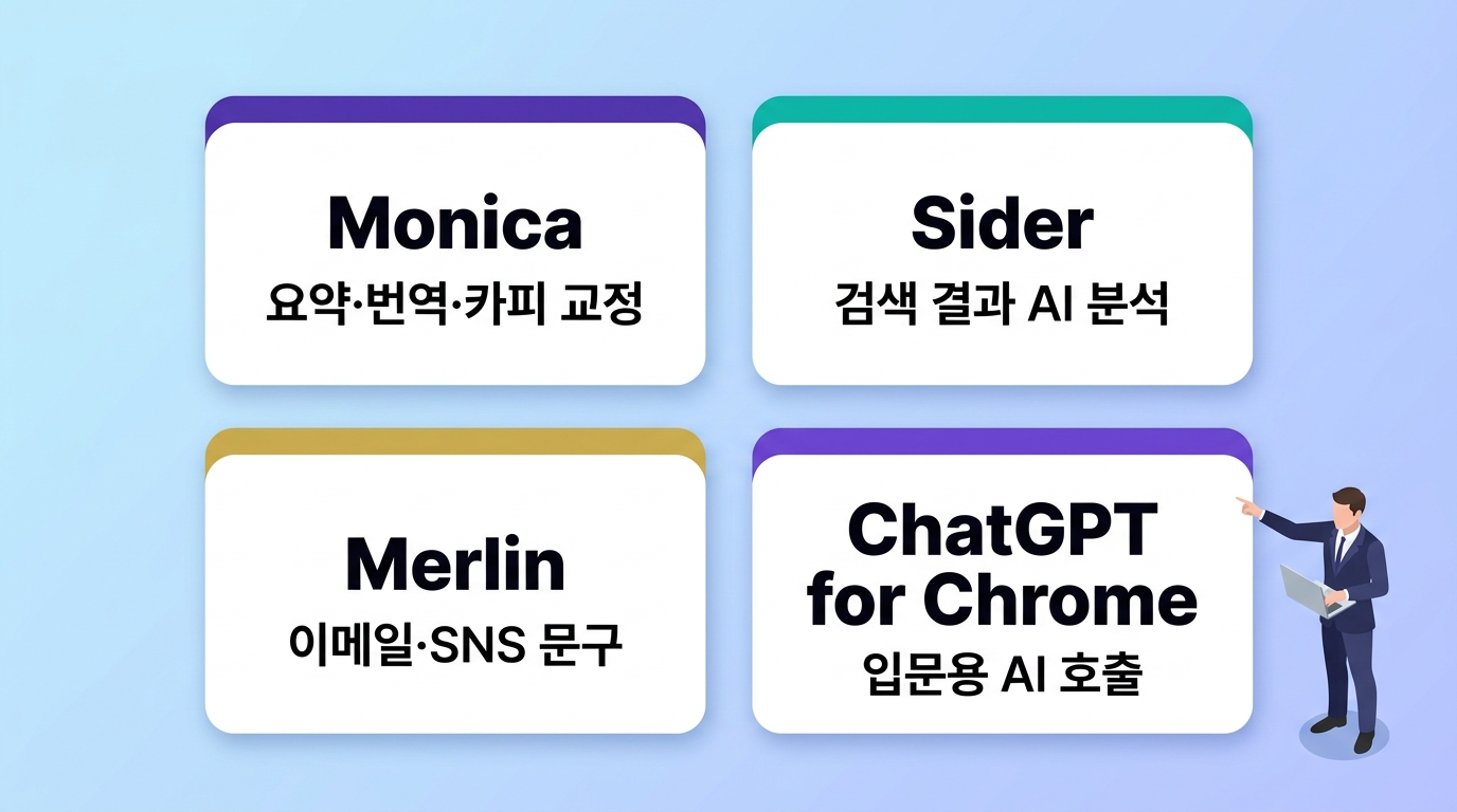 Chrome AI 플러그인 4가지 종류 인포그래픽. Monica 요약번역, Sider 검색분석, Merlin SNS문구, ChatGPT for Chrome 카드와 포인팅 직장인 — 원플랜마케팅