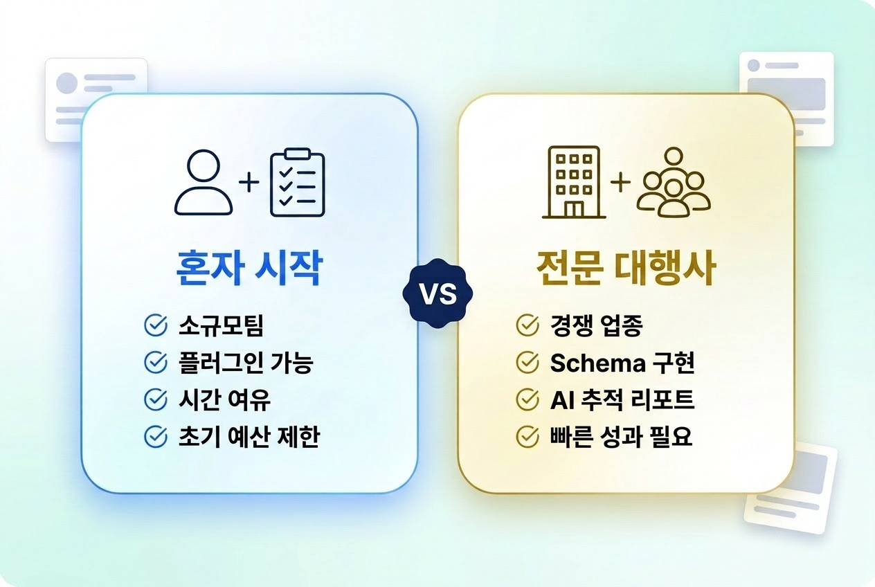 GEO 시작 혼자 vs 전문 대행사 선택 기준 비교 인포그래픽 원플랜마케팅