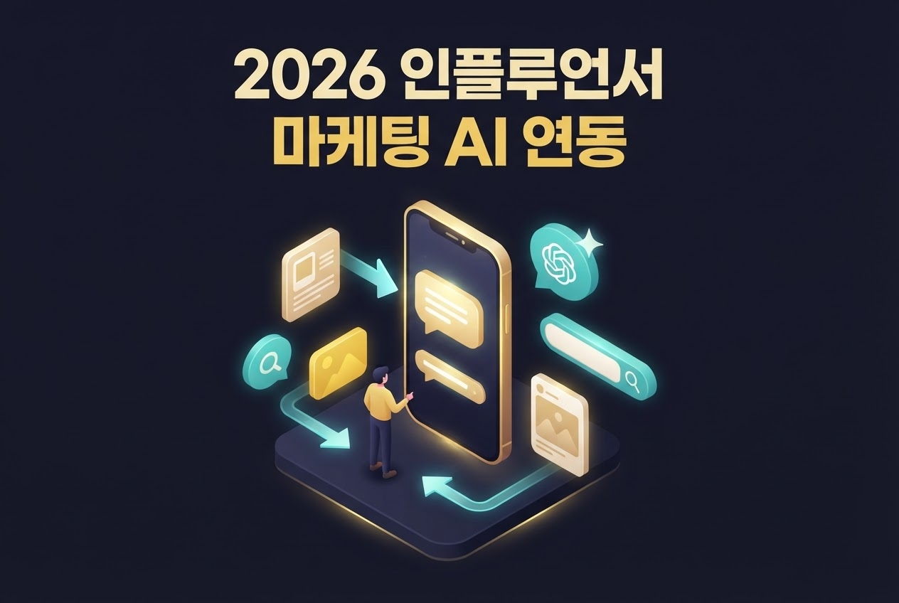 2026 인플루언서 마케팅 AI 연동 스마트폰 ChatGPT 검색 콘텐츠 화살표 네이비 인포그래픽 원플랜마케팅