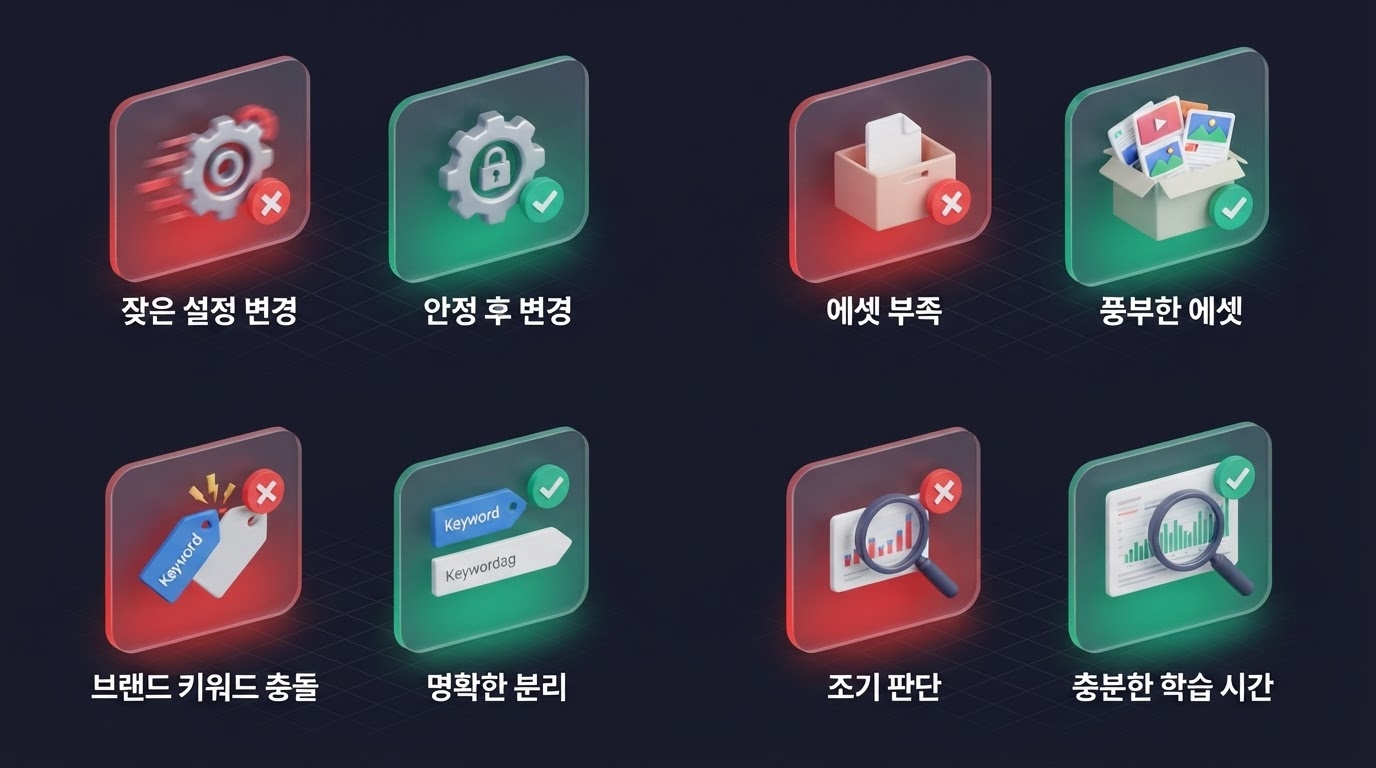 퍼포먼스 맥스 흔한 실수 4가지와 해결법 퍼포먼스 맥스 PMax 흔한실수 잦은설정변경 에셋부족 브랜드키워드충돌 조기판단 해결법 인포그래픽 원플랜마케팅