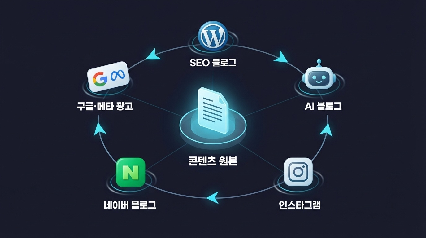 콘텐츠 원본에서 SEO블로그 AI블로그 인스타그램 네이버블로그 구글메타광고로 배포되는 순환 구조 인포그래픽 원플랜마케팅
