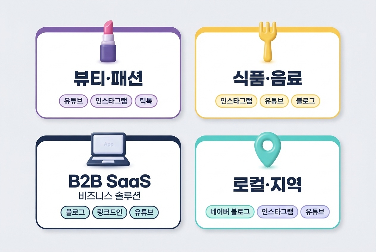 업종별 맞춤 인플루언서 전략 뷰티패션 식품음료 B2B SaaS 로컬지역 채널 카드 인포그래픽 원플랜마케팅