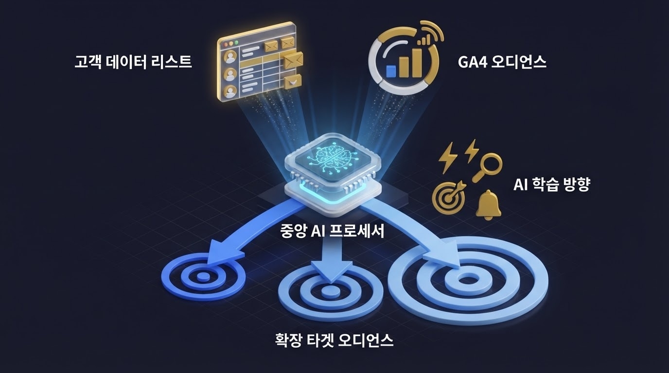 퍼포먼스 맥스 잠재 고객 시그널 구조 퍼포먼스 맥스 고객데이터리스트 GA4오디언스 중앙AI프로세서 확장타겟오디언스 AI학습방향 시그널 퍼널 인포그래픽 원플랜마케팅