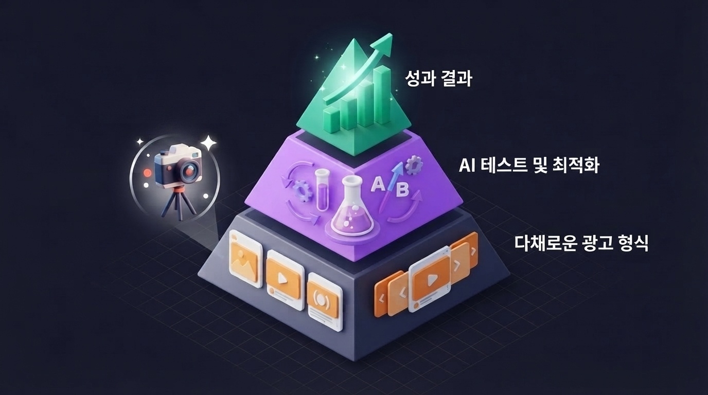 메타 어드밴티지+ 크리에이티브 전략 피라미드 메타 어드밴티지플러스 크리에이티브 전략 피라미드 다채로운광고형식 AI테스트최적화 성과결과 UGC카메라 인포그래픽 원플랜마케팅