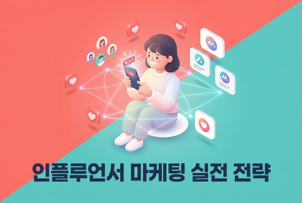 인플루언서 마케팅 실전 전략 라이브방송 팔로워 하트 SNS 아이콘 연결 코랄 민트 대각선 배경 인포그래픽 원플랜마케팅