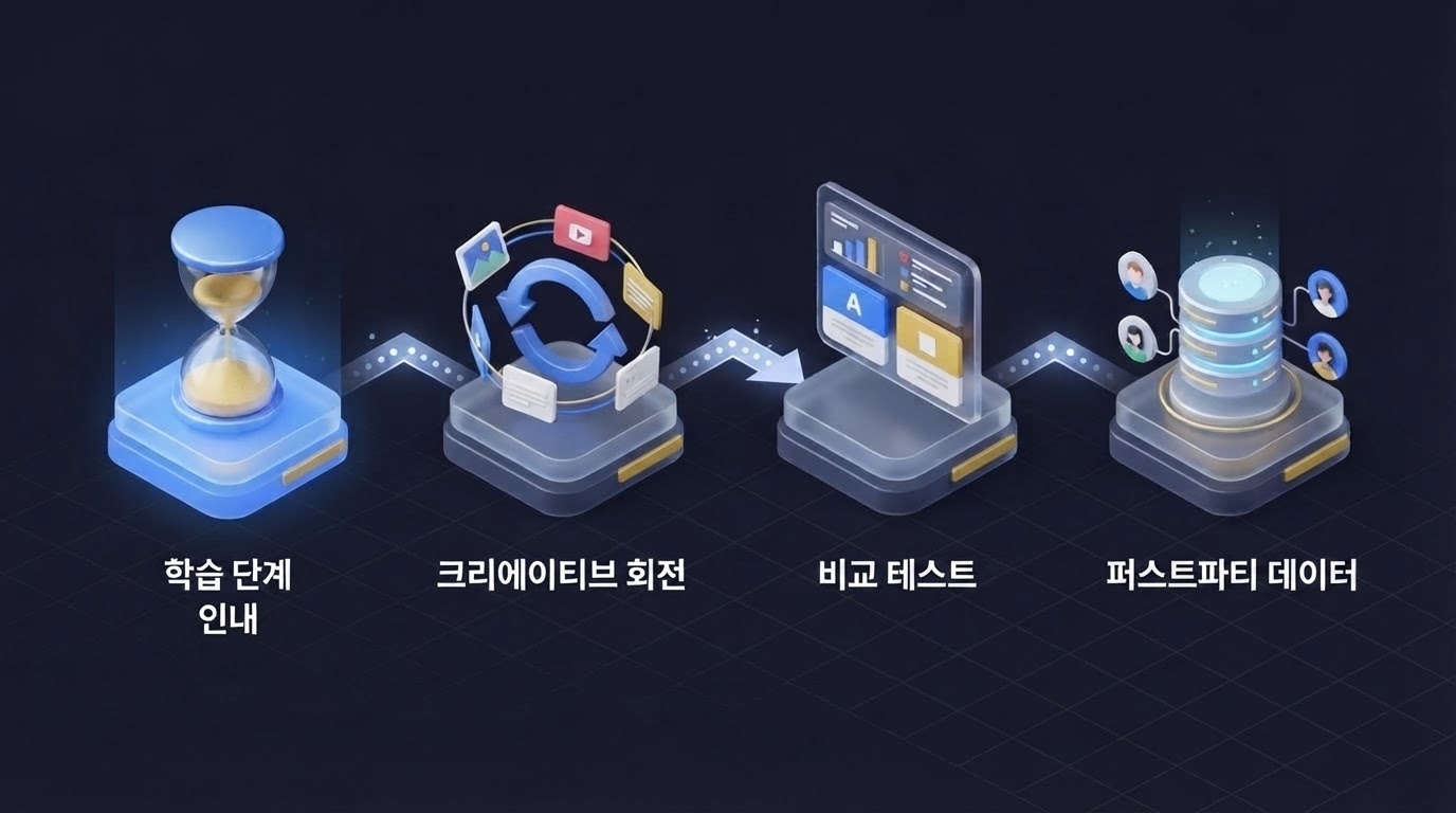 메타 어드밴티지+ 최적화 실전 전략 4단계 메타 어드밴티지플러스 최적화 전략 학습단계인내 크리에이티브회전 비교테스트 퍼스트파티데이터 4단계 플로우 인포그래픽 원플랜마케팅