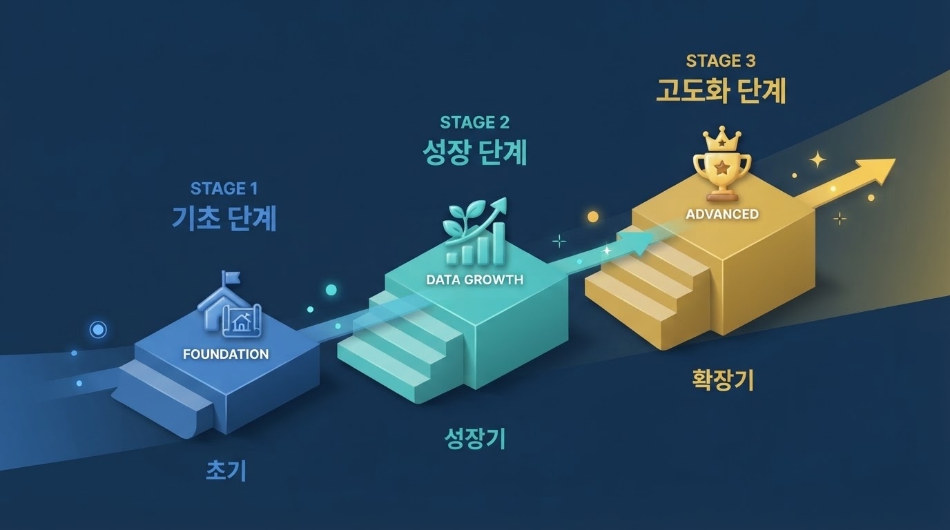 기초 성장 고도화 3단계 퍼스트파티 데이터 전략 로드맵 계단형 인포그래픽 원플랜마케팅