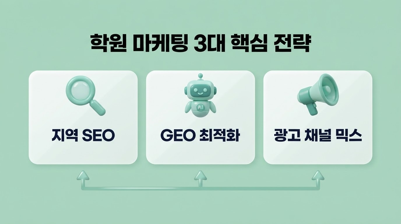 학원 마케팅 3대 핵심 전략 지역SEO GEO최적화 광고채널믹스 카드 인포그래픽 원플랜마케팅