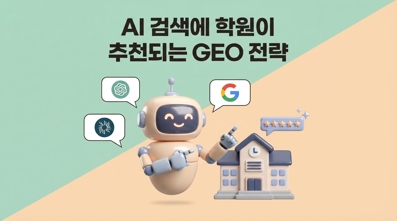 학원 마케팅 GEO 전략 AI 로봇 학원 건물 ChatGPT Google 검색 노출 인포그래픽 원플랜마케팅