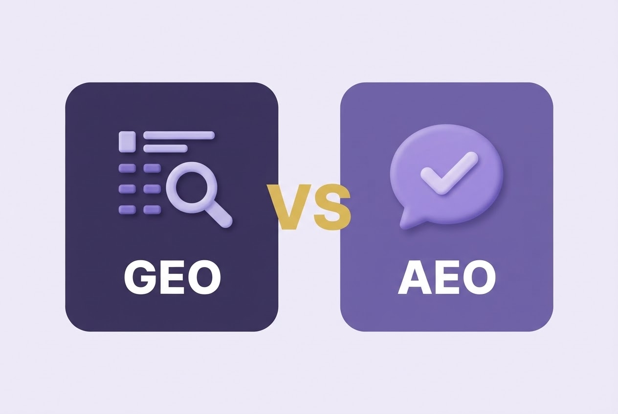 GEO vs AEO 비교 GEO 검색리스트돋보기 다크퍼플카드 AEO 채팅버블체크 미드퍼플카드 VS 골드 인포그래픽 원플랜마케팅