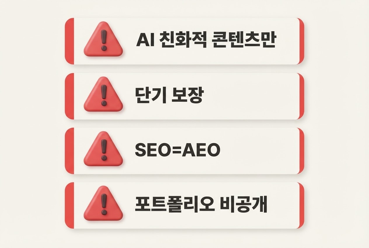 AEO 대행사 계약 전 속으면 안되는 말 4가지 AI친화적콘텐츠만 단기보장 SEO=AEO 포트폴리오비공개 경고 인포그래픽 원플랜마케팅