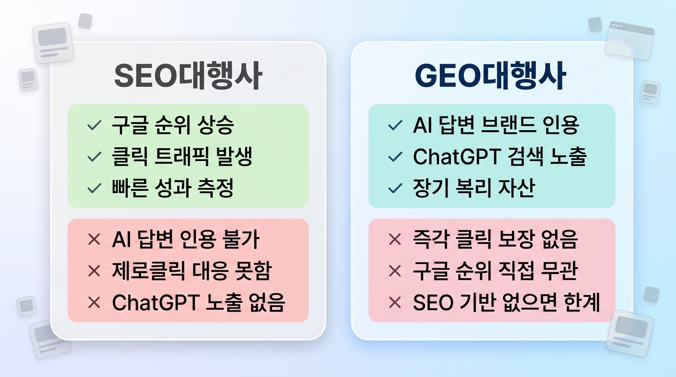 GEO대행사 SEO대행사 각각 잘하는것 못하는것 강약점 비교 인포그래픽 원플랜마케팅