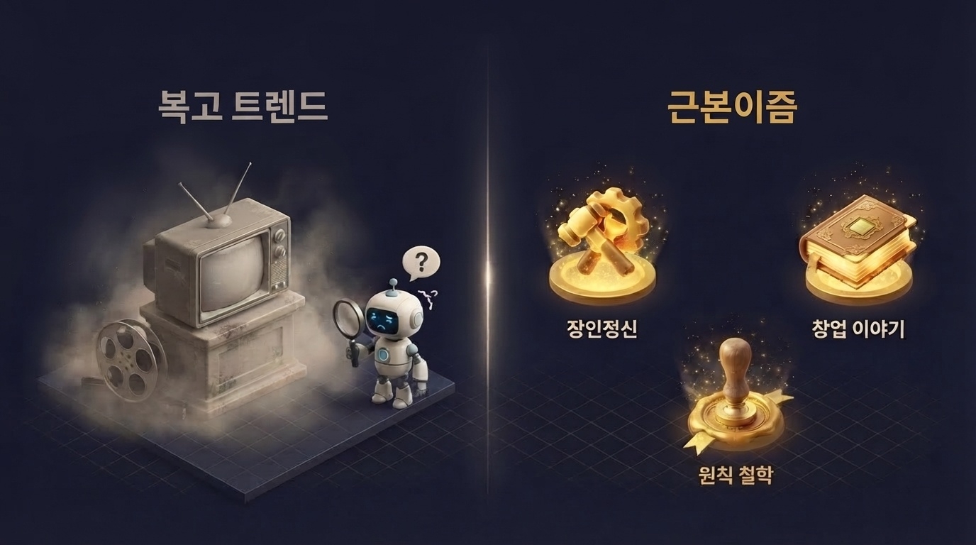 복고트렌드 vs 근본이즘 비교 AI로봇 복제불가 장인정신 창업이야기 원칙철학 골드 아이콘 인포그래픽 원플랜마케팅