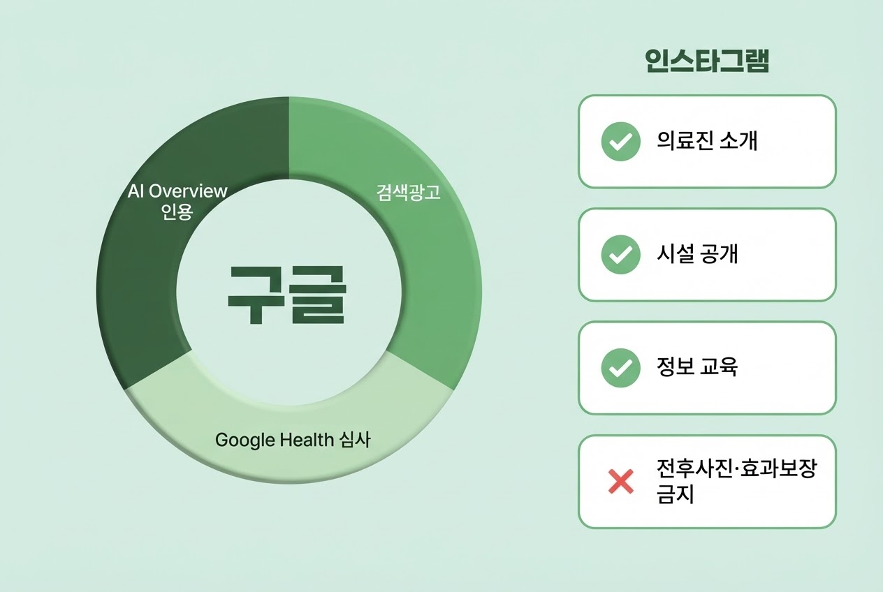 병원 마케팅 채널 구글 AI Overview 인스타그램 브랜딩 광고 전략 인포그래픽 원플랜마케팅