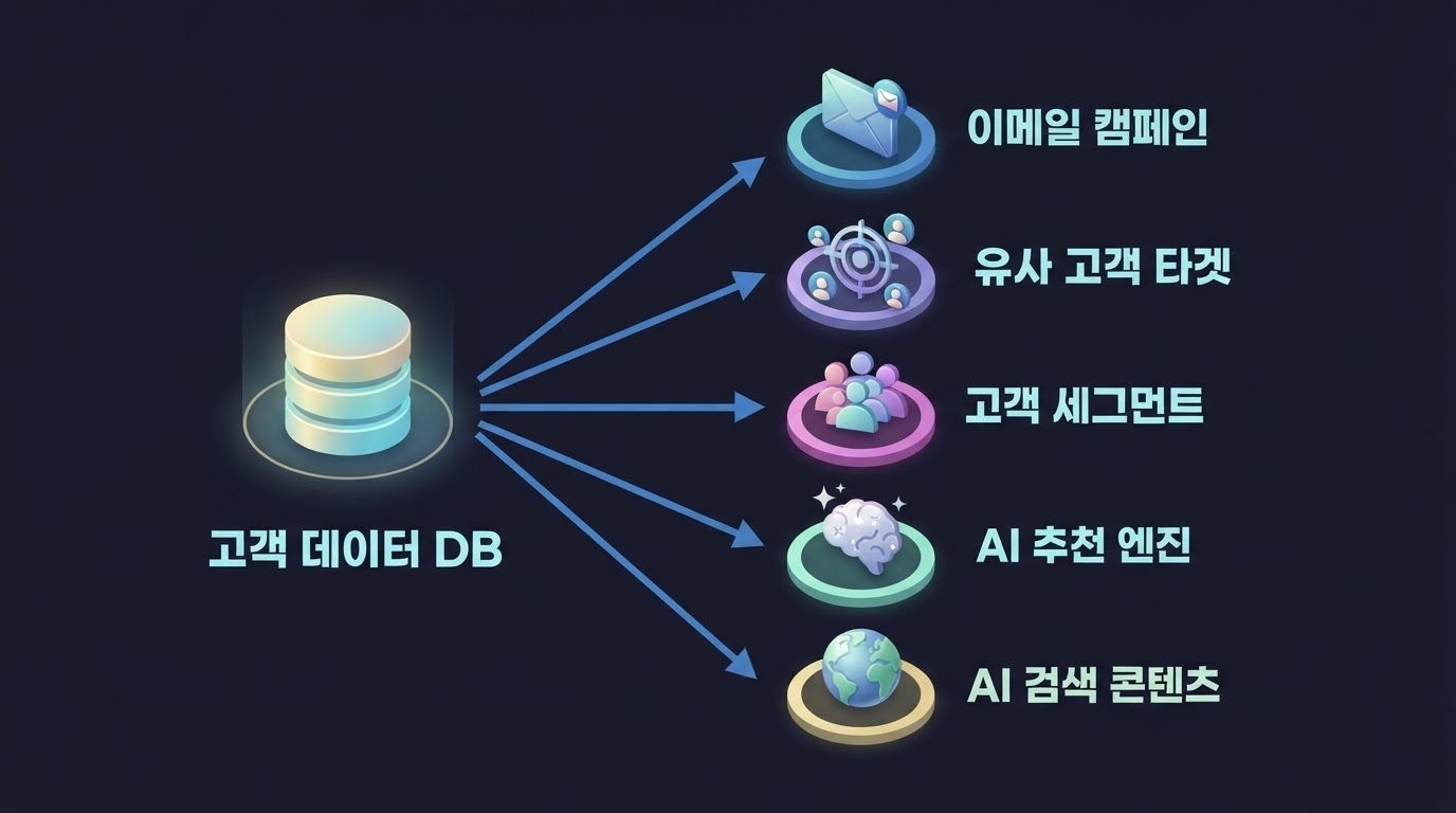 고객 데이터 DB에서 이메일 유사타겟 세그먼트 AI추천 AI검색 5가지로 활용되는 흐름 인포그래픽 원플랜마케팅