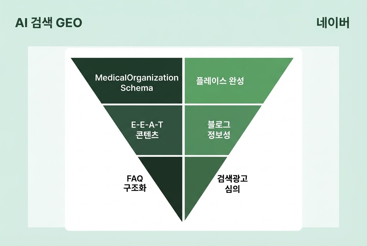 병원 마케팅 채널 AI검색 GEO 최적화 네이버 블로그 플레이스 검색광고 전략 인포그래픽 원플랜마케팅