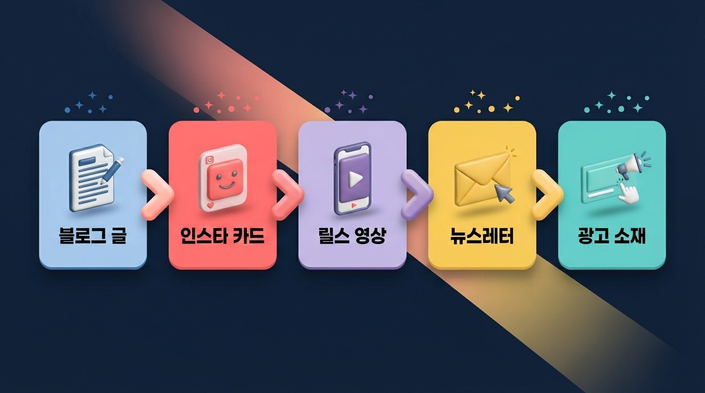 블로그글 인스타카드 릴스영상 뉴스레터 광고소재 5단계 콘텐츠 변환 플로우 인포그래픽 원플랜마케팅