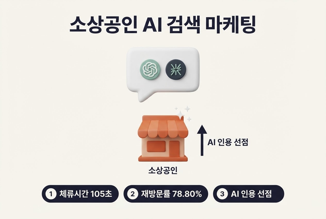 소상공인 AI 검색 마케팅 ChatGPT Perplexity 말풍선 소상공인 가게 AI 인용 선점 상향 화살표 체류시간 105초 재방문률 78.80% 인포그래픽 원플랜마케팅