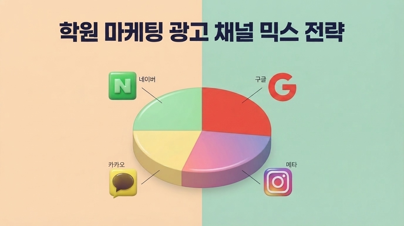 학원 마케팅 광고 채널 믹스 전략 네이버 구글 메타 카카오 파이차트 인포그래픽 원플랜마케팅