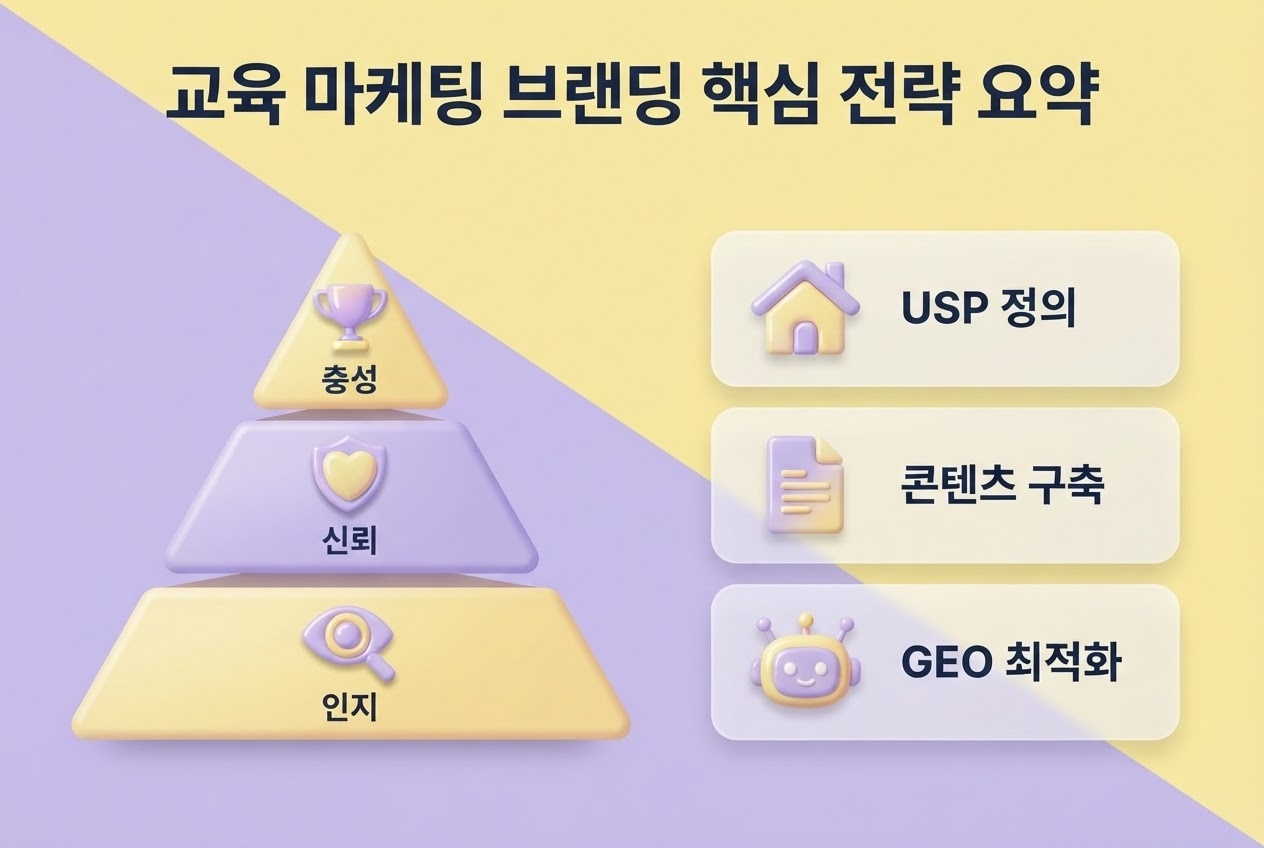 교육 마케팅 브랜딩 핵심 전략 요약 교육 마케팅 브랜딩 핵심 전략 요약 인지 신뢰 충성 피라미드 USP 콘텐츠구축 GEO최적화 카드 인포그래픽 원플랜마케팅
