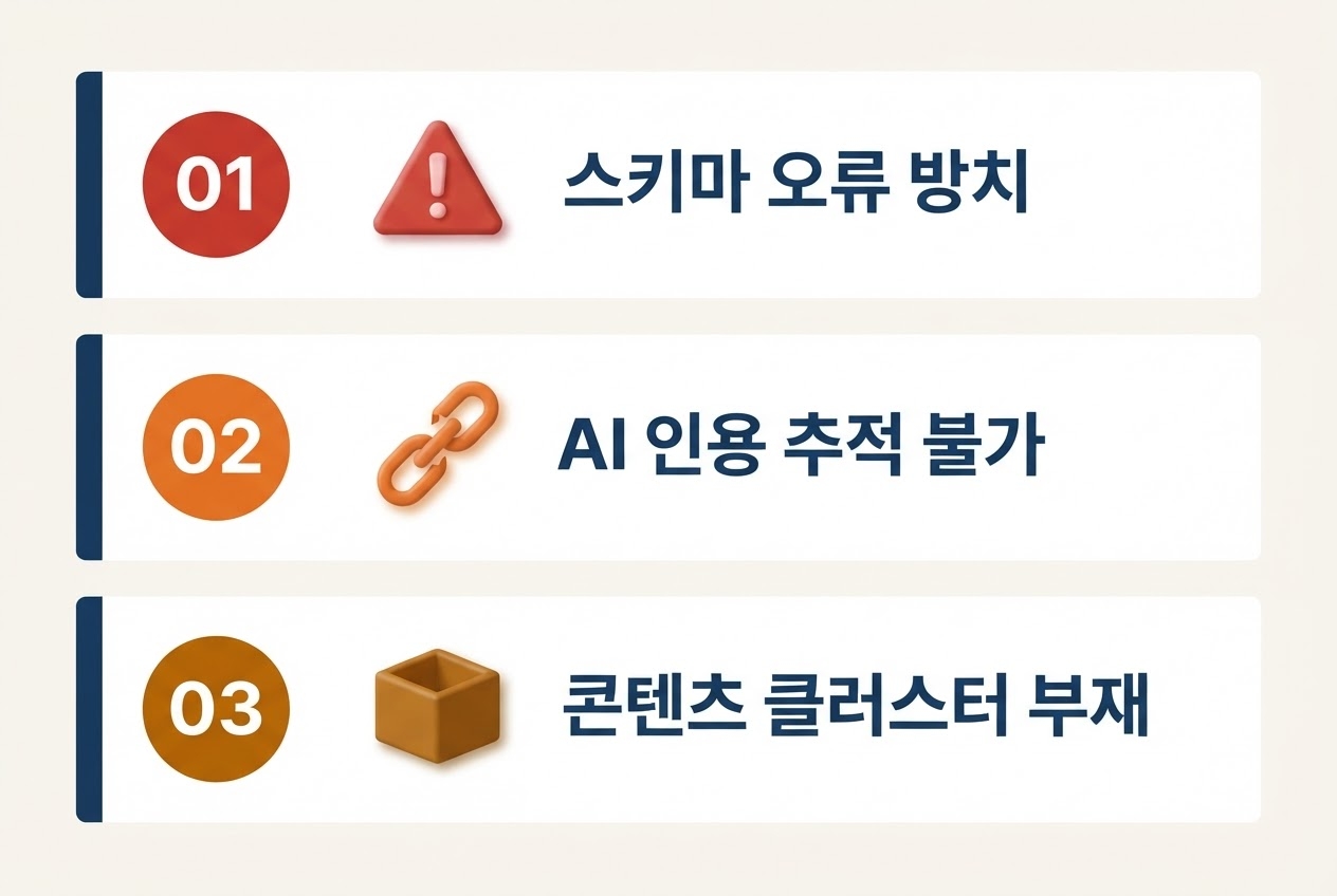 GEO 대행사 없이 DIY GEO 실패패턴 3가지 스키마오류방치 AI인용추적불가 콘텐츠클러스터부재 인포그래픽 원플랜마케팅