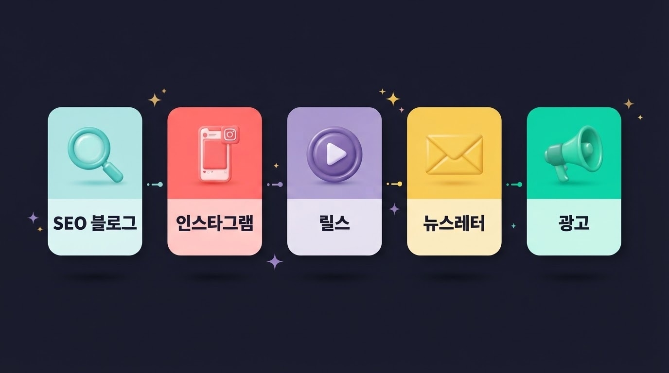 SEO블로그 인스타그램 릴스 뉴스레터 광고 5개 채널 카드 옴니채널 콘텐츠 전략 인포그래픽 원플랜마케팅