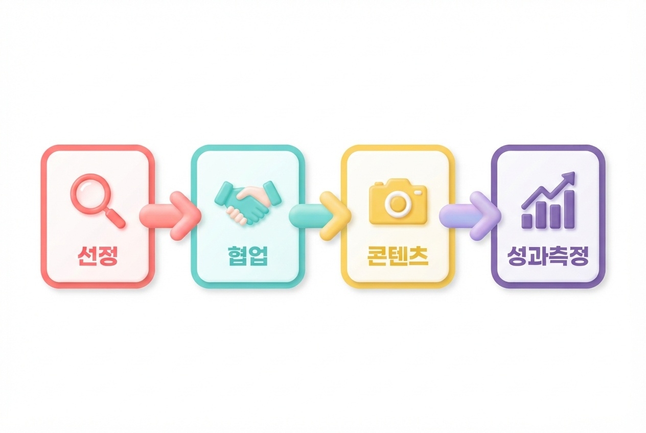 인플루언서 마케팅 4단계 선정 협업 콘텐츠 성과측정 플로우 화살표 인포그래픽 원플랜마케팅