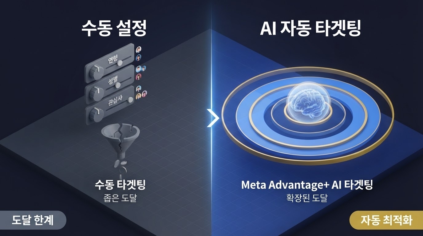 수동설정 AI자동타겟팅 메타어드밴티지플러스 비포애프터 비교 인포그래픽 수동타겟팅 도달한계 자동최적화 확장도달 원플랜마케팅