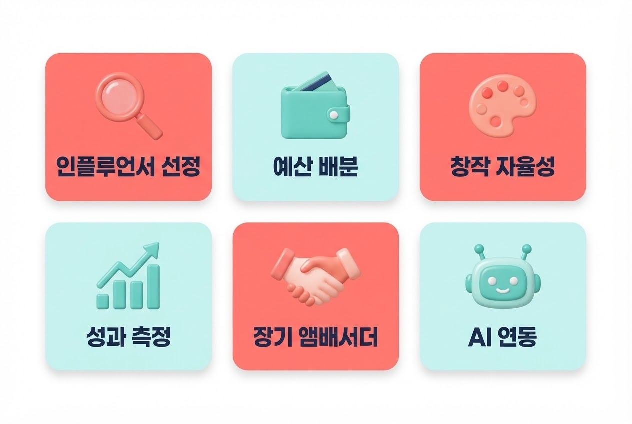 인플루언서 마케팅 핵심 전략 요약 선정 예산배분 창작자율성 성과측정 카드 그리드 원플랜마케팅