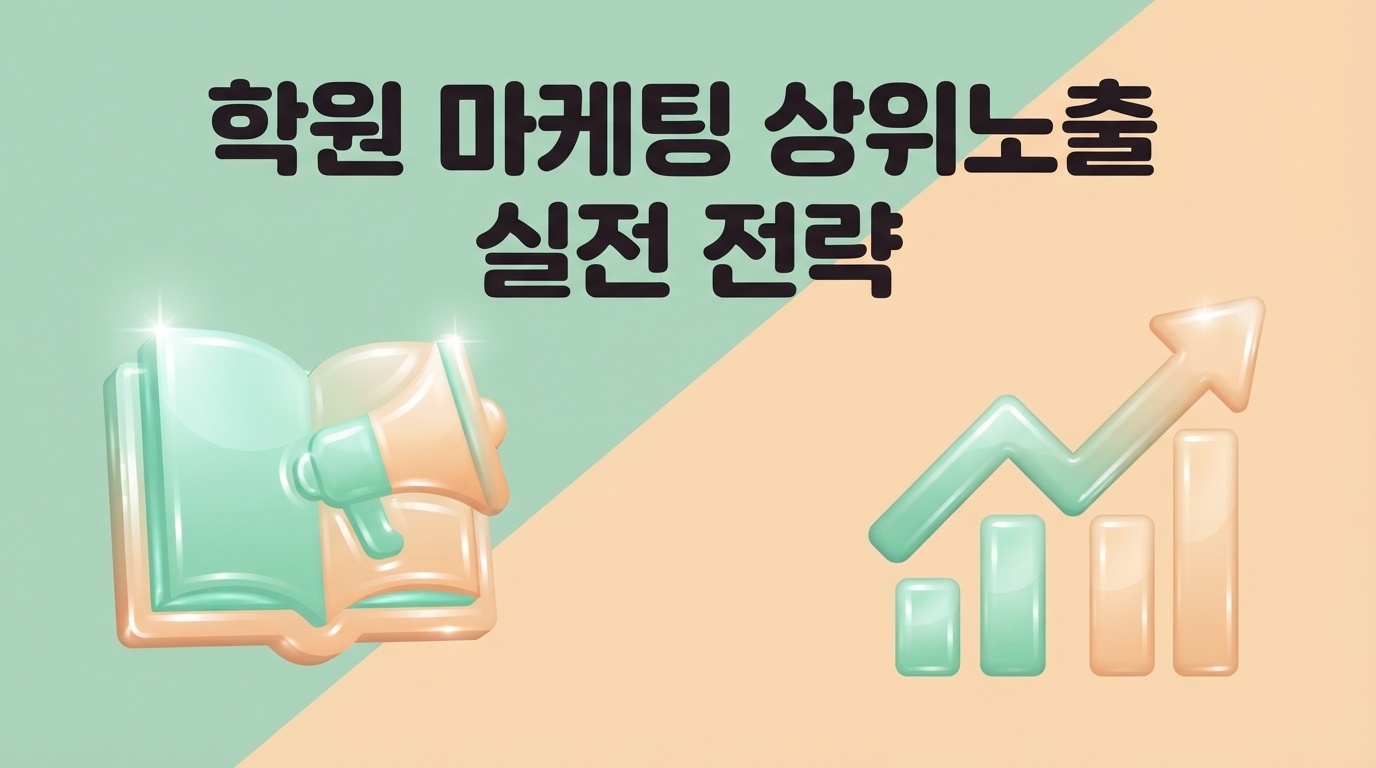 학원 마케팅 상위노출 실전 전략 — 책·확성기·상승그래프 3D 아이콘 대각선 배경 인포그래픽
