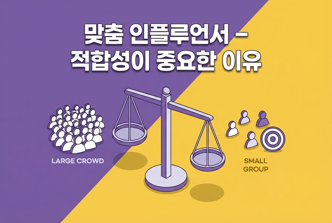 맞춤 인플루언서 적합성 중요한 이유 저울 대규모 군중 소수 타겟 그룹 비교 퍼플 옐로우 배경 인포그래픽 원플랜마케팅