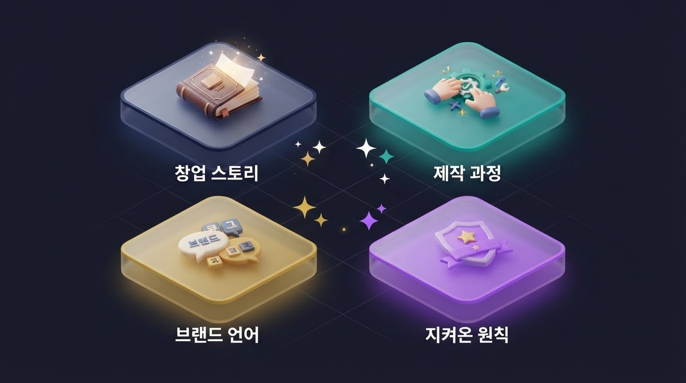 근본이즘 마케팅 실전전략 4가지 창업스토리 제작과정 브랜드언어 지켜온원칙 2x2 카드 그리드 인포그래픽 원플랜마케팅