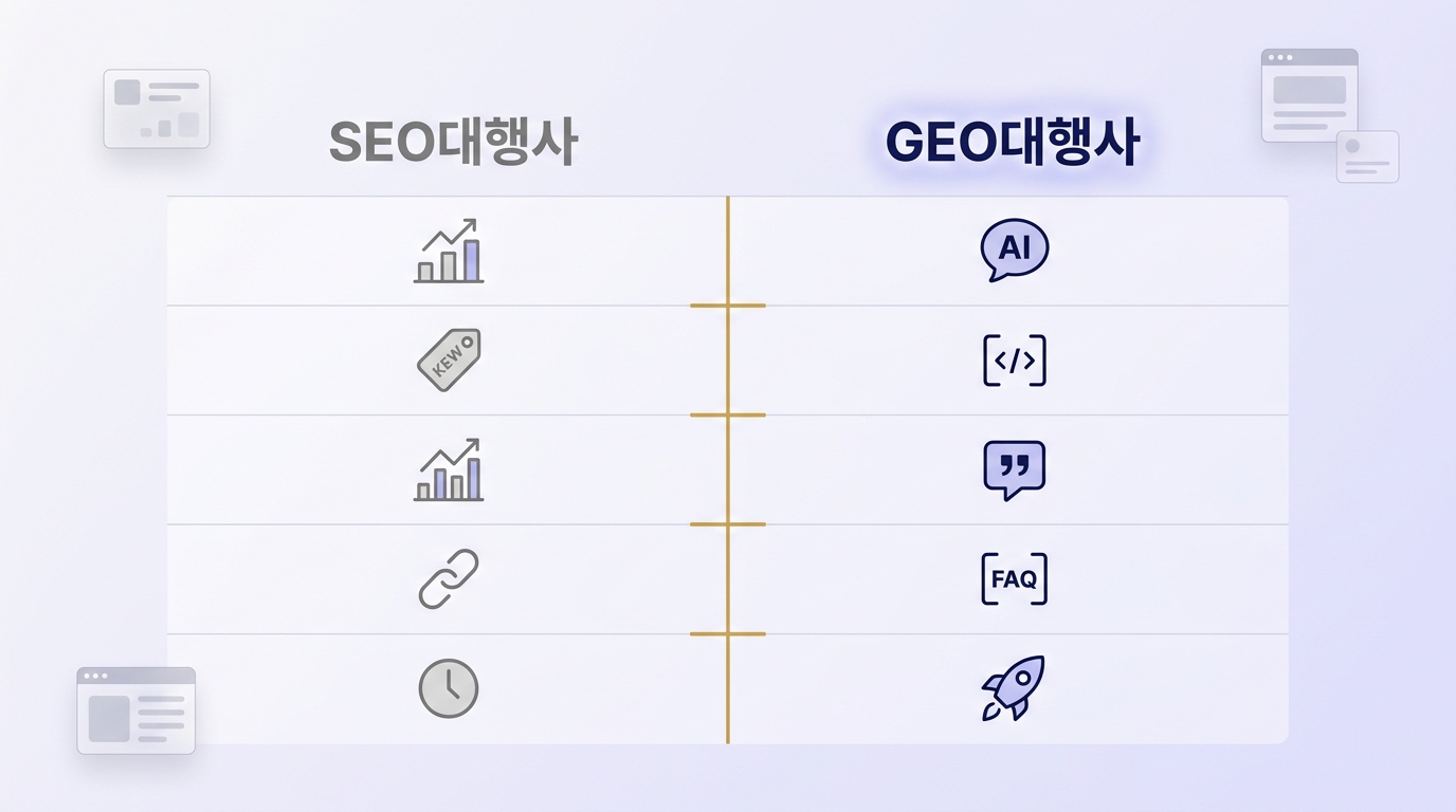 GEO대행사 vs SEO대행사 목표 방법 결정적 차이 비교 인포그래픽 원플랜마케팅