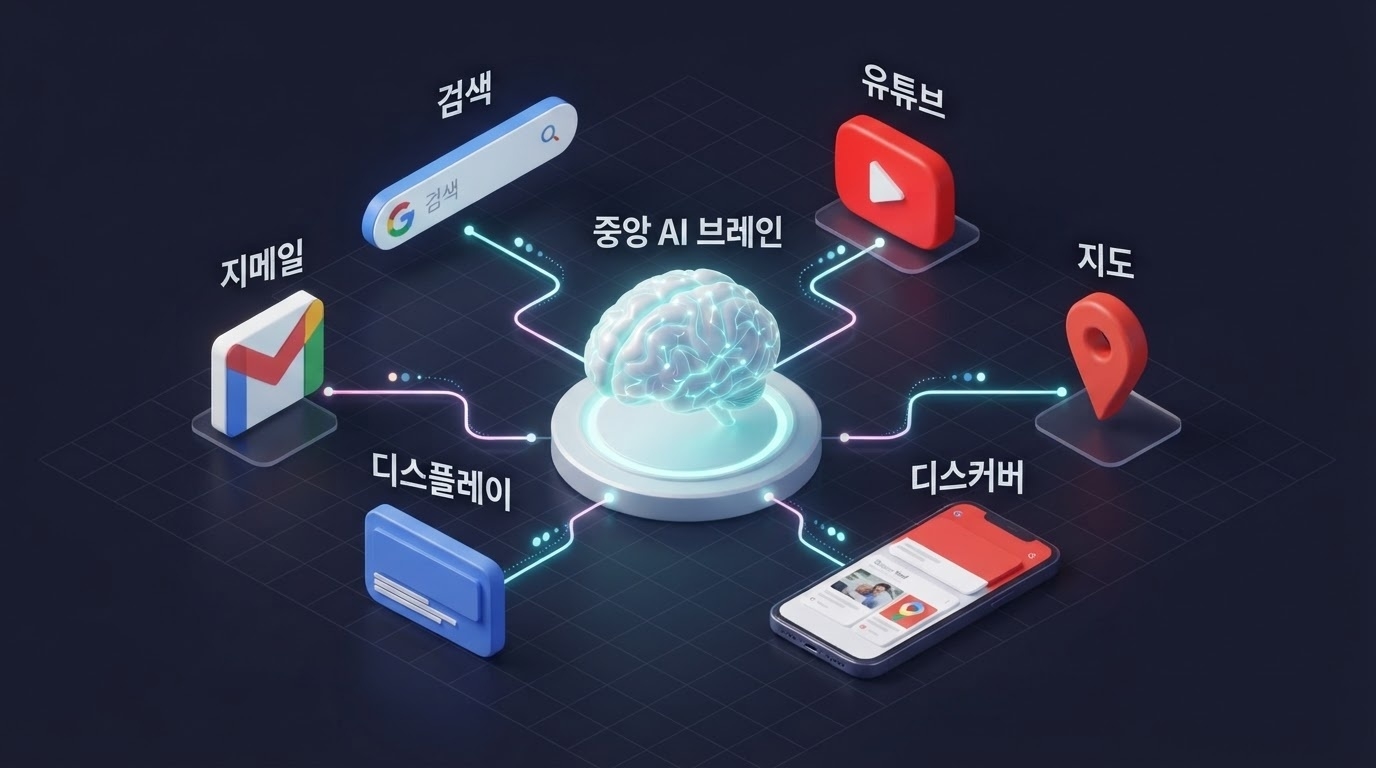구글 퍼포먼스 맥스 PMax 6개 채널 검색 유튜브 지메일 지도 디스플레이 디스커버 중앙AI브레인 인포그래픽 원플랜마케팅