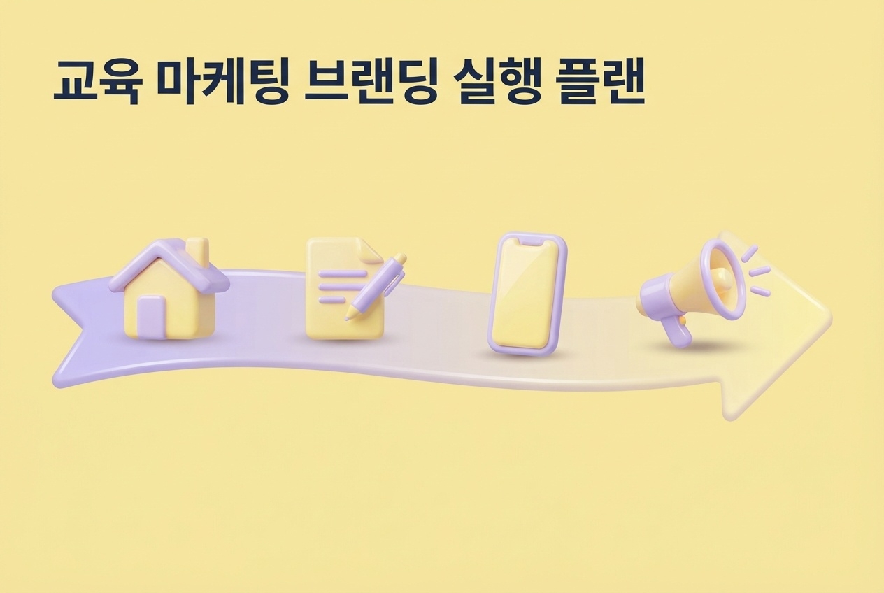 교육 마케팅 브랜딩 단계별 실행 플랜 교육 마케팅 브랜딩 실행 플랜 기반구축 콘텐츠 SNS 광고 4단계 수평 플로우 인포그래픽 원플랜마케팅