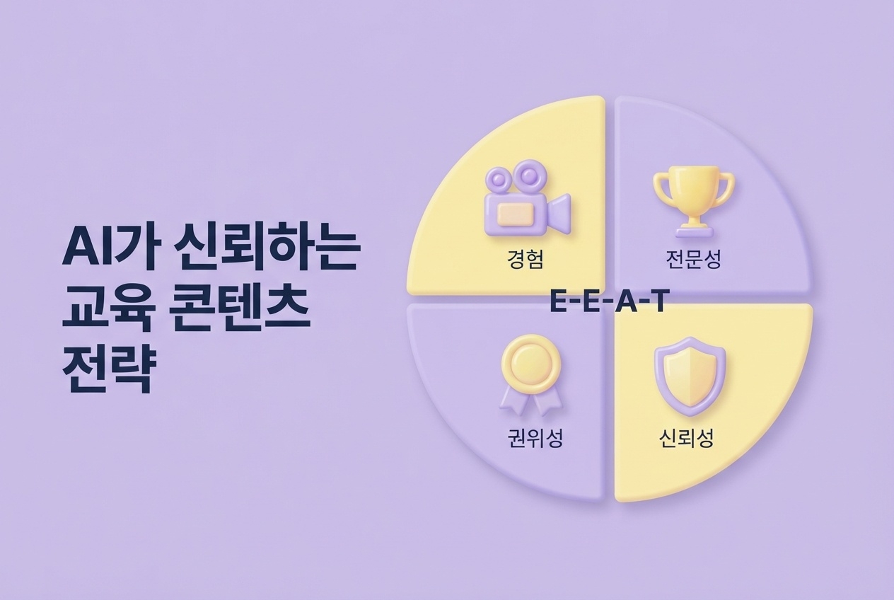 교육 마케팅 E-E-A-T 콘텐츠 전략 교육 마케팅 E-E-A-T 콘텐츠 전략 경험 전문성 권위성 신뢰성 원형 4분할 다이어그램 인포그래픽 원플랜마케팅