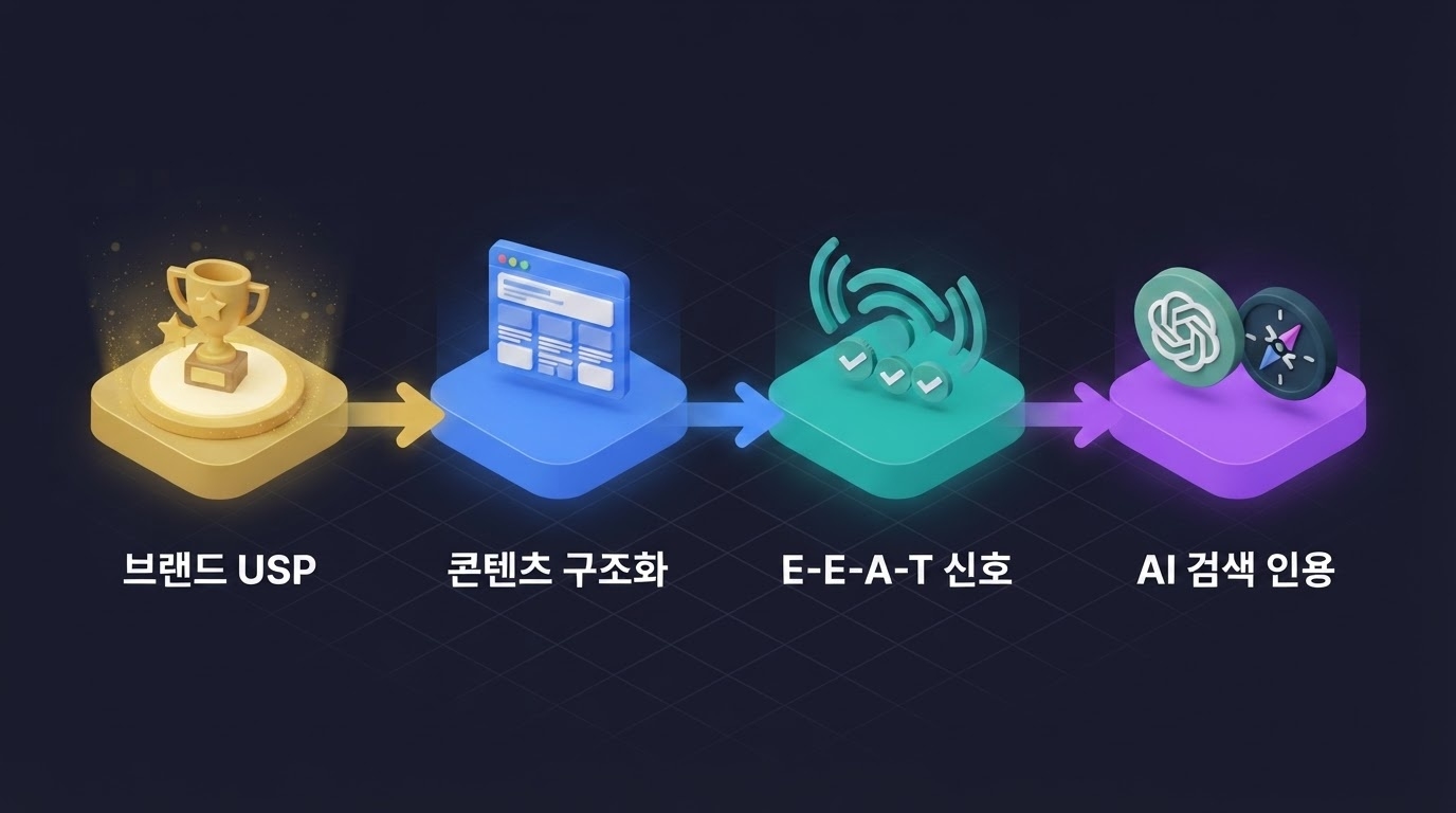 근본이즘 GEO 연결 파이프라인 브랜드USP 콘텐츠구조화 EEAT신호 AI검색인용 4단계 플로우 인포그래픽 원플랜마케팅