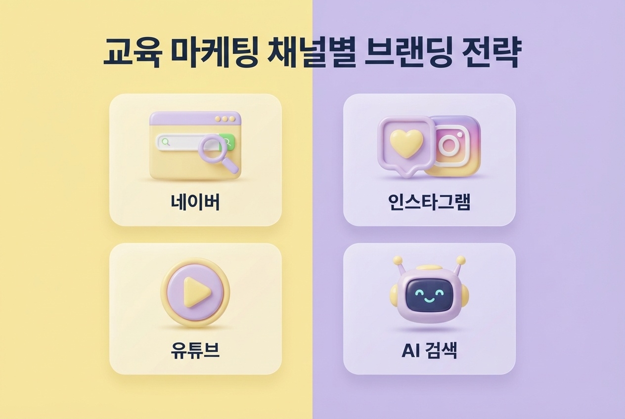 교육 마케팅 채널별 브랜딩 전략 교육 마케팅 채널별 브랜딩 전략 네이버 인스타그램 유튜브 AI검색 2x2 카드 그리드 인포그래픽 원플랜마케팅