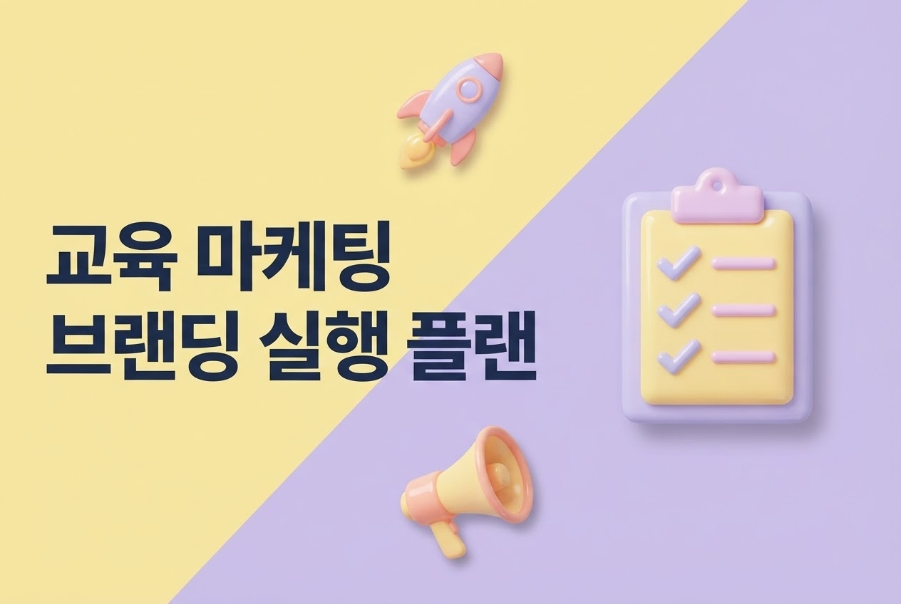 교육 마케팅 브랜딩 실행 플랜 — 로켓·확성기·클립보드 3D 아이콘 라벤더·옐로우 대각선 배경 인포그래픽