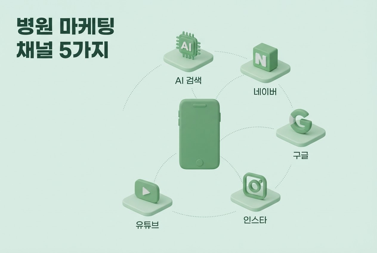 병원마케팅채널5가지 스마트폰중심 AI검색 네이버 구글 인스타 유튜브 5채널 아이콘맵 인포그래픽 원플랜마케팅