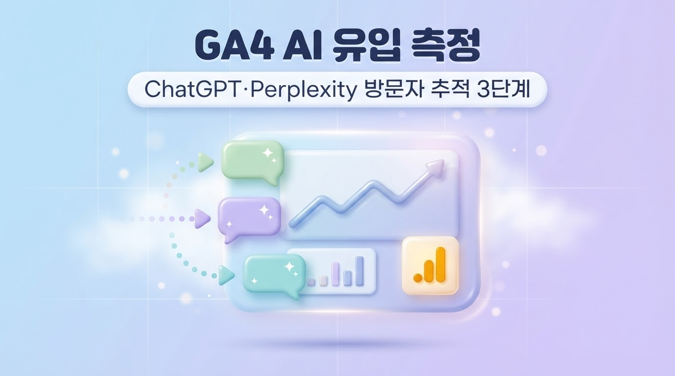 AI 유입 측정 썸네일 이미지로 GA4 대시보드 상승 그래프와 AI 채널 말풍선이 유입되는 장면을 담은 파스텔 블루 라벤더 배경의 3D 클레이모피즘 인포그래픽 대표 이미지 원플랜마케팅 제작