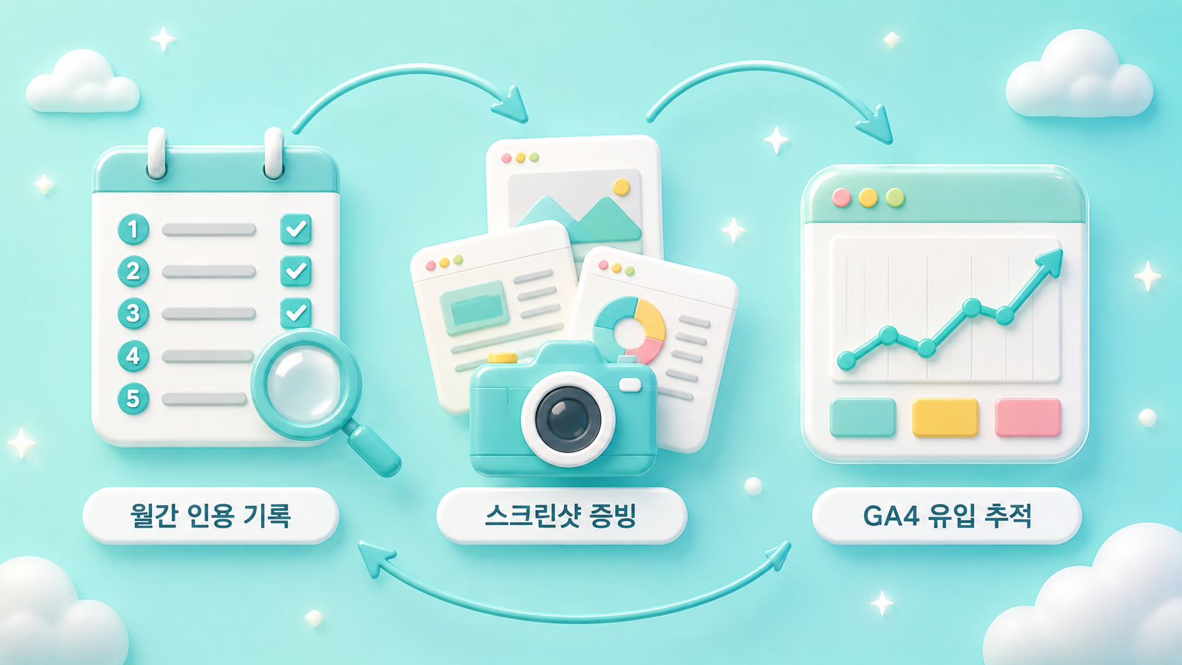퍼플렉시티 인용 모니터링 월간 인용 기록 체크리스트 스크린샷 증빙 카메라 GA4 유입 추적 상승 대시보드를 순환 화살표로 연결한 파스텔 아쿠아 배경의 3D 인포그래픽 원플랜마케팅 제작