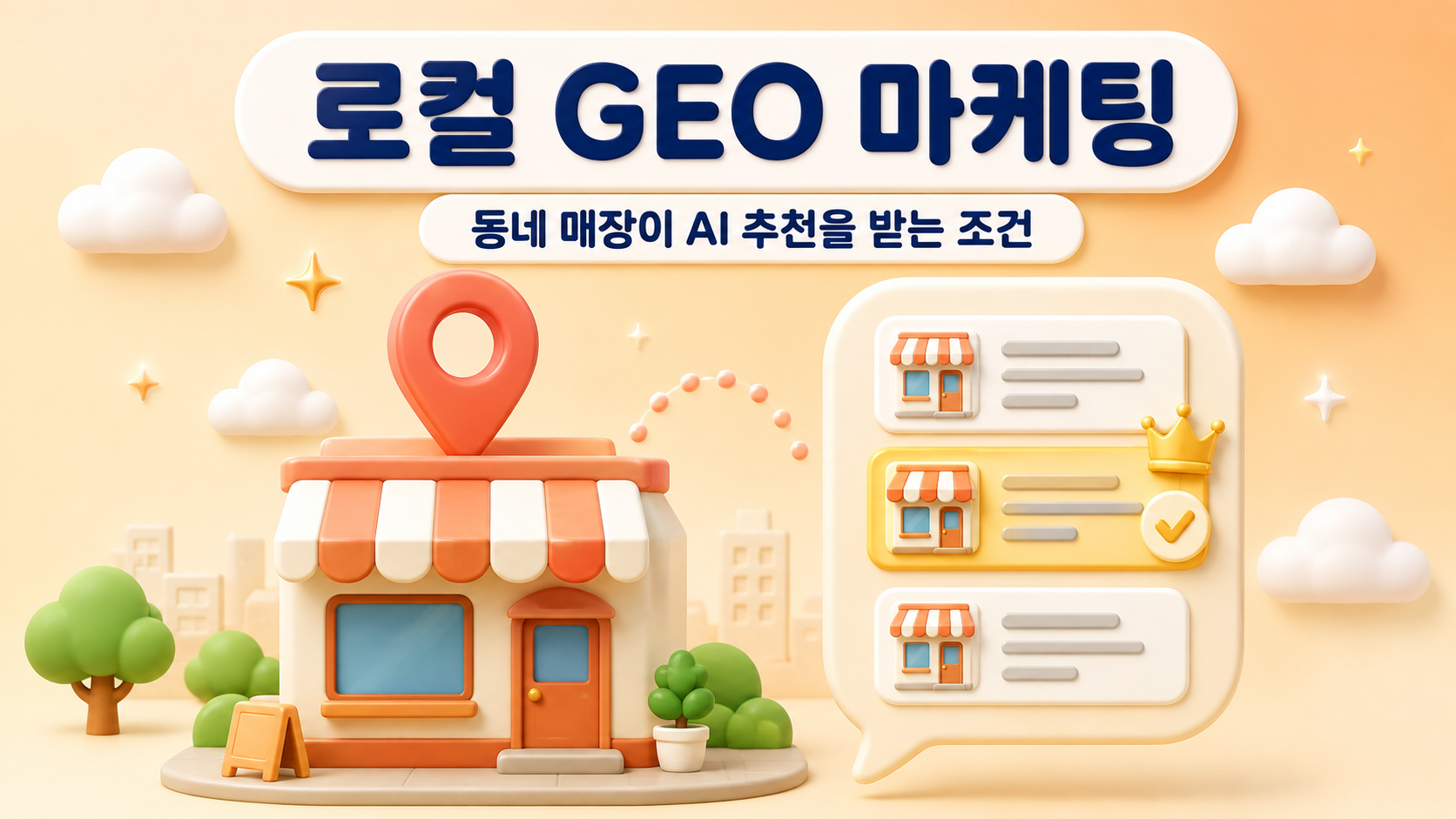 플레이스 마케팅 로컬 GEO 썸네일 이미지로 지도 핀이 달린 가게 건물과 왕관 체크 카드가 담긴 AI 추천 말풍선을 배치한 파스텔 탠저린 오렌지 3D 인포그래픽 대표 이미지 원플랜마케팅 제작