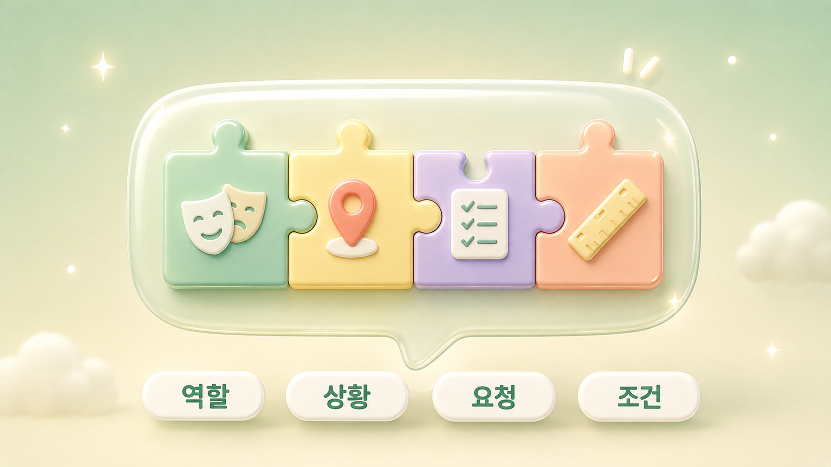챗GPT 마케팅 활용법 질문의 4요소 역할 상황 요청 조건을 연극 가면 지도 핀 체크리스트 자 아이콘 퍼즐 조각 4개로 맞춘 말풍선 구조의 파스텔 그린 3D 인포그래픽 원플랜마케팅 제작