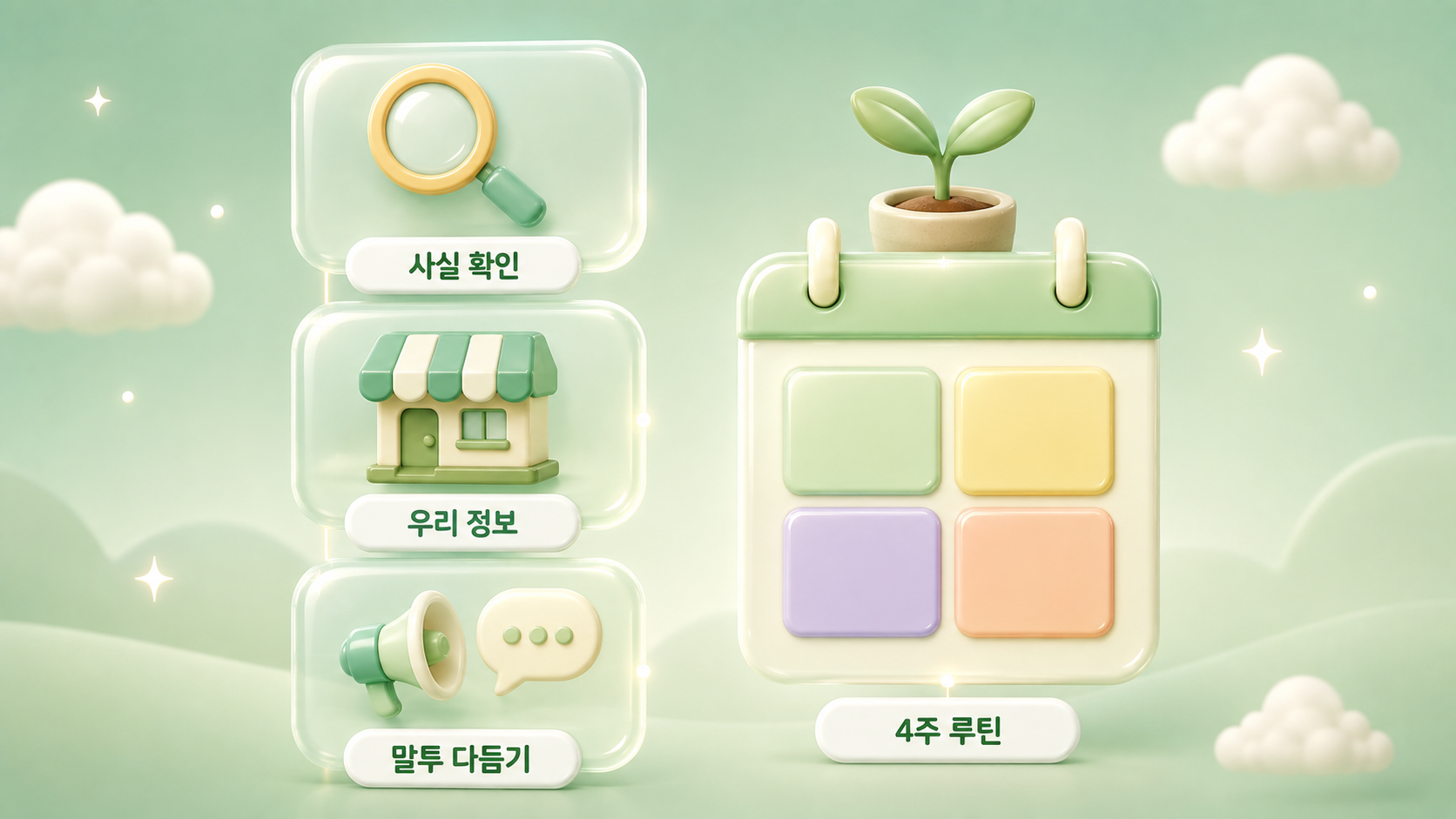 챗GPT 마케팅 활용법 3단계 검수 사실 확인 우리 정보 말투 다듬기 카드와 새싹 화분이 올려진 4주 루틴 달력 패널을 담은 파스텔 그린 아이보리 배경의 3D 인포그래픽 원플랜마케팅 제작