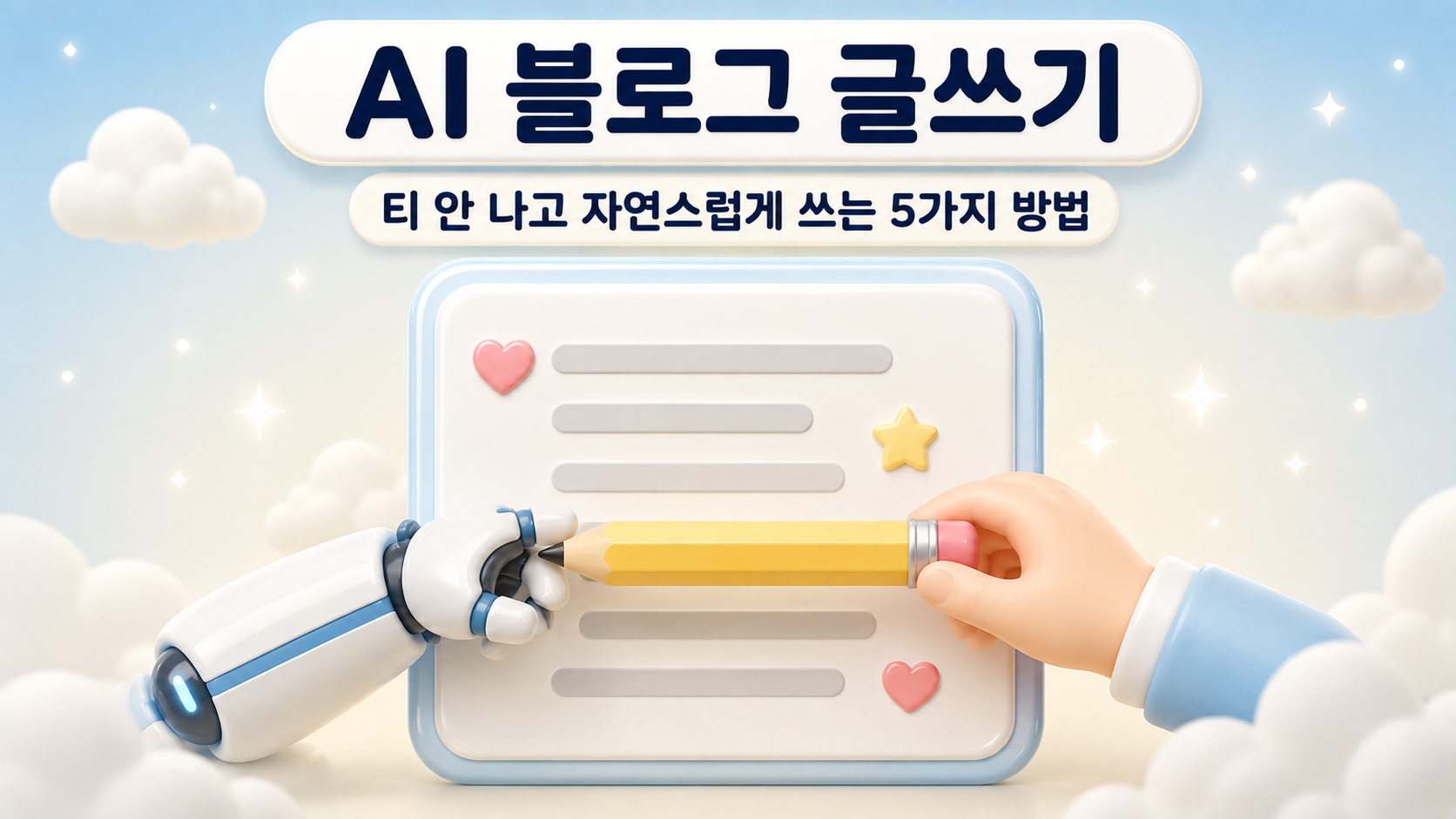 AI 블로그 글쓰기 썸네일 이미지로 로봇 손과 사람 손이 연필을 함께 잡고 문서를 완성하는 장면을 담은 파스텔 소프트 블루 아이보리 3D 클레이모피즘 인포그래픽 대표 이미지 원플랜마케팅 제작