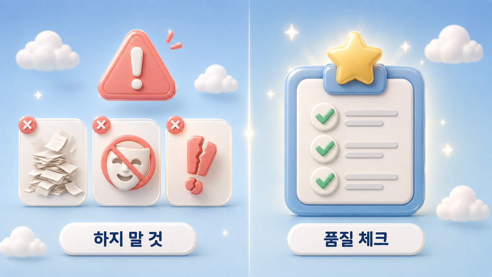 AI 블로그 글쓰기 하지 말 것 경고 삼각형 금지 카드 3장과 품질 체크 체크리스트 보드를 좌우 패널로 비교한 파스텔 소프트 블루 배경의 3D 클레이모피즘 인포그래픽 원플랜마케팅 제작