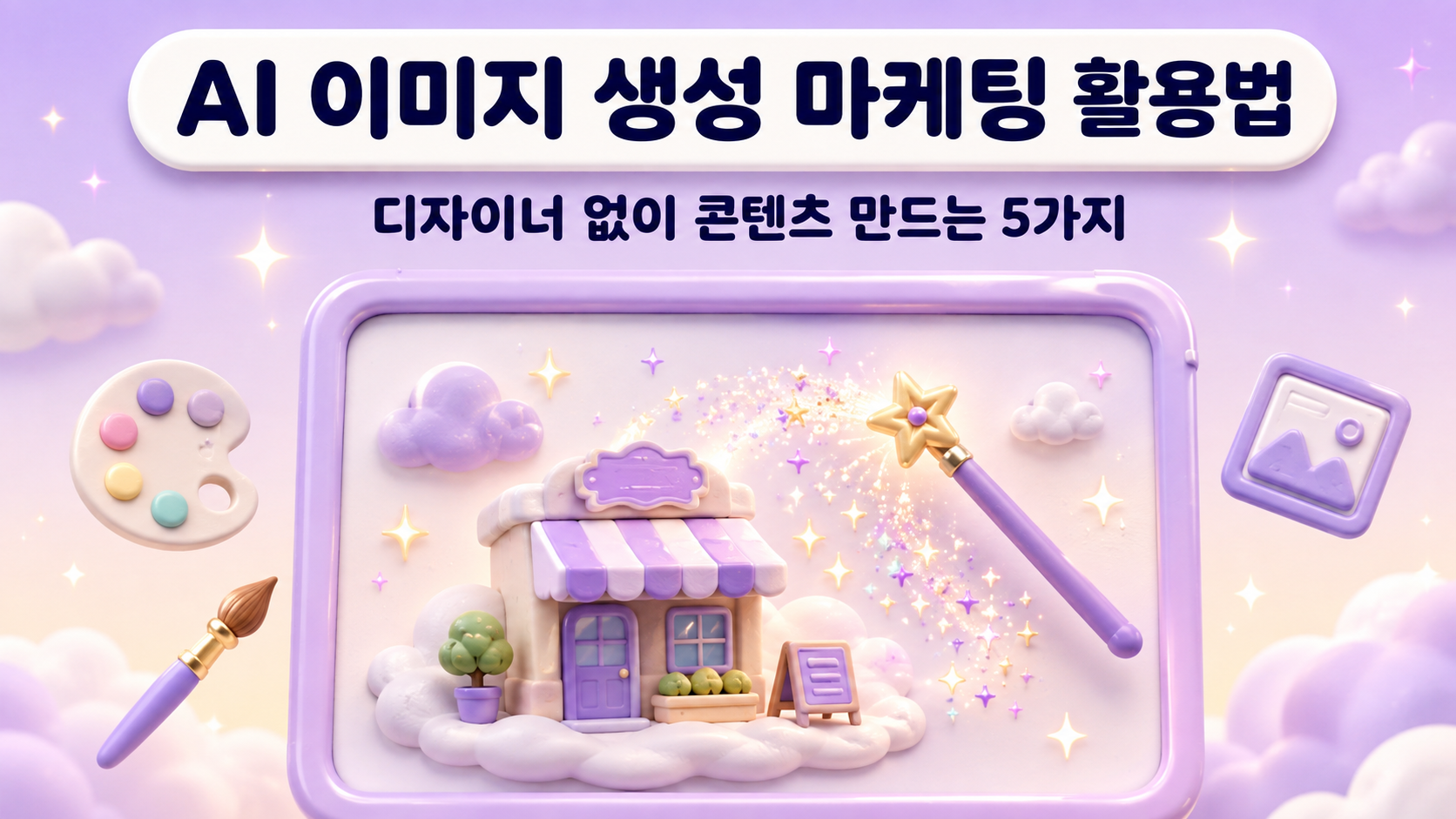 AI 이미지 생성 마케팅 활용법 썸네일 이미지로 캔버스 프레임 안에서 마법 지팡이 반짝이가 가게 그림을 그려내는 파스텔 라일락 3D 클레이모피즘 인포그래픽 대표 이미지 원플랜마케팅 제작