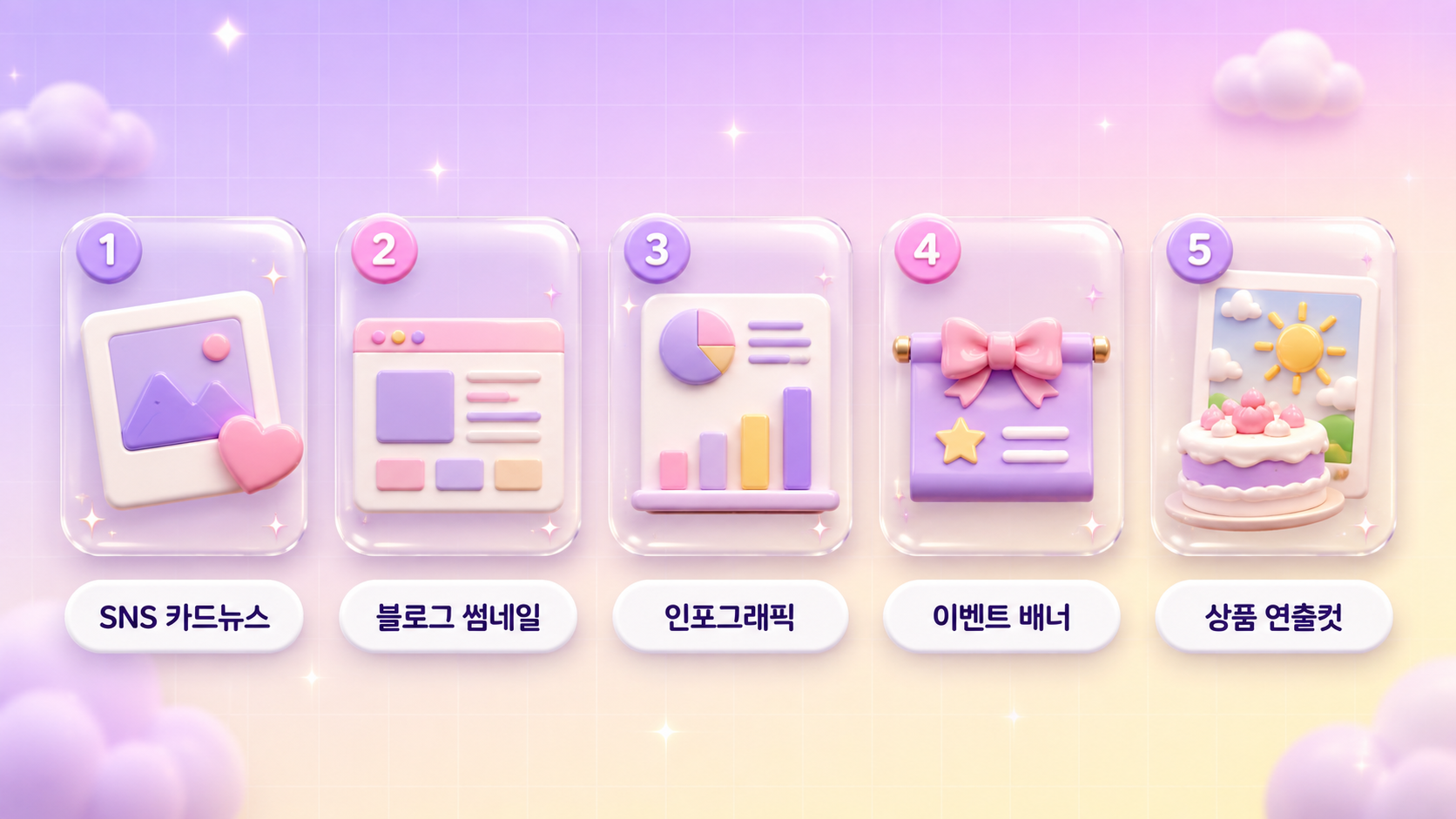 AI 이미지 생성 활용 5가지 SNS 카드뉴스 블로그 썸네일 인포그래픽 이벤트 배너 상품 연출컷을 숫자 배지 카드 5장으로 정리한 파스텔 라일락 배경의 3D 클레이모피즘 인포그래픽 원플랜마케팅 제작