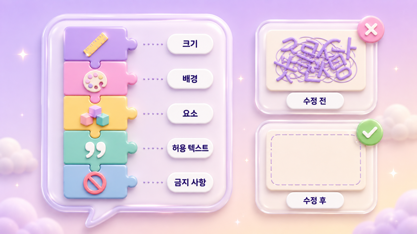 AI 이미지 생성 프롬프트 5요소 크기 배경 주요 요소 허용 텍스트 금지 사항과 한글 텍스트 오류 수정 전후 비교를 담은 파스텔 라일락 배경의 3D 클레이모피즘 인포그래픽 원플랜마케팅 제작